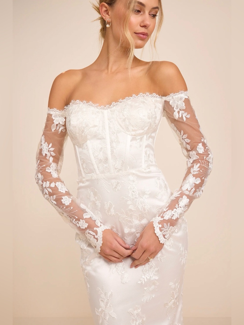 Lulus Lucina White Embroidered Bustier Long Sleeve Maxi Dress Sz Small